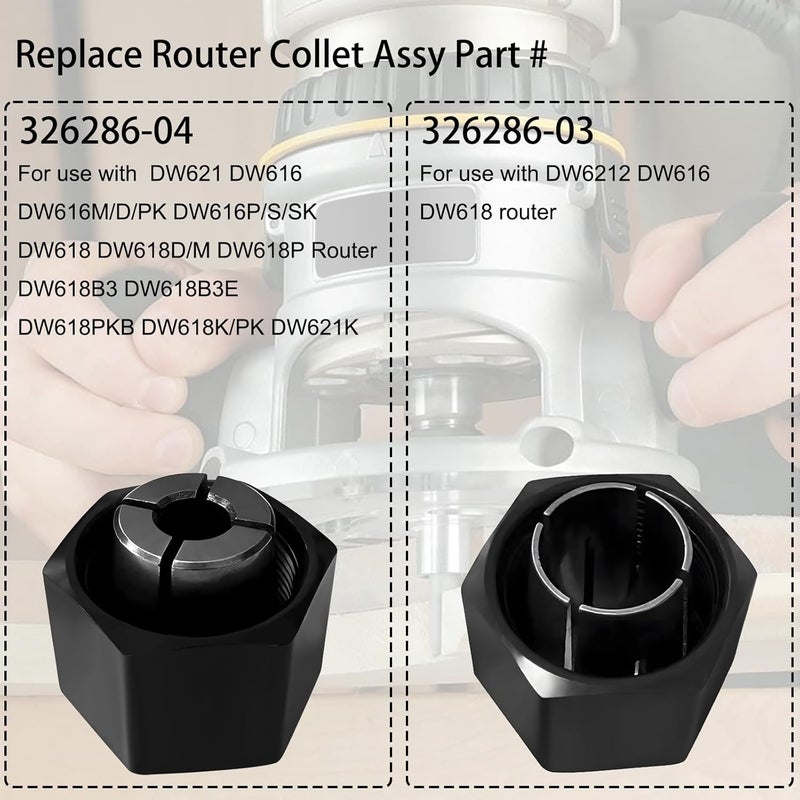 Yutacorex 1/2" and 1/4" Router Collet for Dewalt DW621 DW616 DW618 Dw622 Dw626 Router, for Bosch 1617, 1617EVS, 1618, 1618EVS, 1613, 1613EVS, 1613AEVS Router Part No. 326286-03, 326286-04, 2610906283,2610906284 - Image 4